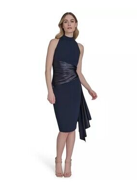 Eliza J NWT Navy Satin Draped Cocktail Dress Size 6 High Neck Sleeveless Midi